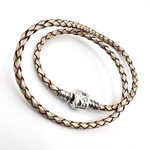 Pandora 925 Sterling Silver White Brown Braided Leather Wrap Charm 14” Bracelet